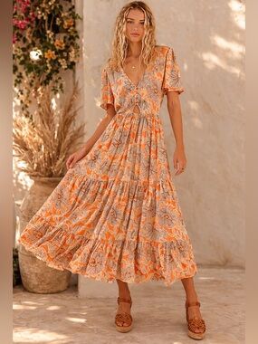 Band of the Free Orange Floral Boho Maxi Dress Tiered Size L NWT